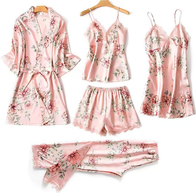 （ 5 Pieces Set）Women's Long Bathrobe Set Silk Spring Autumn Floral Print Ladies Dressing Gown 5 Pieces Set Nightdress Summer Satin Pajama