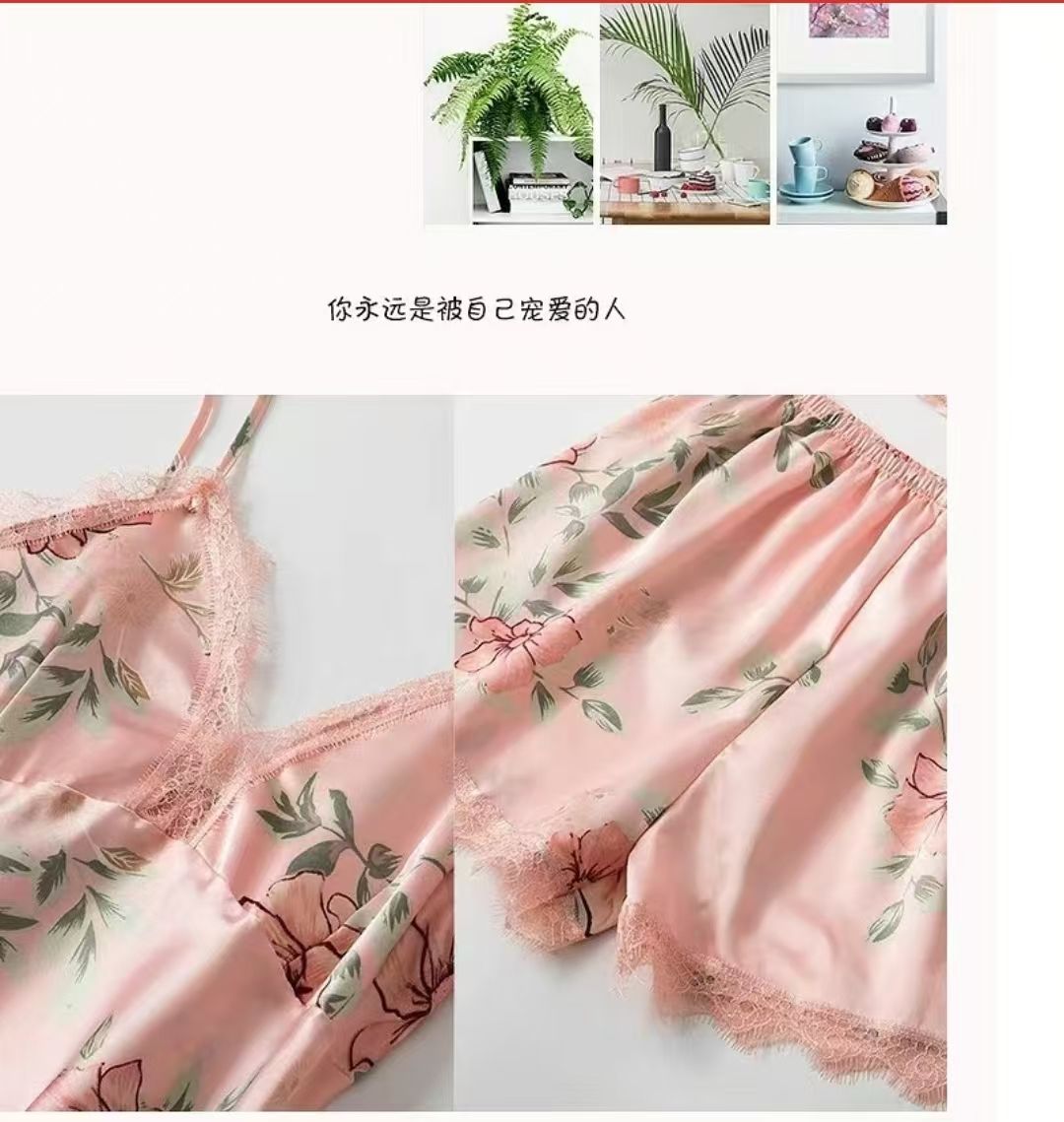 （ 5 Pieces Set）Women's Long Bathrobe Set Silk Spring Autumn Floral Print Ladies Dressing Gown 5 Pieces Set Nightdress Summer Satin Pajama