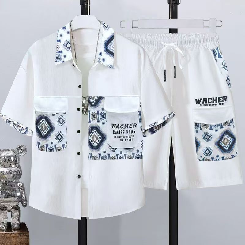 Summer men's short sleeved shirts trendy casual men's clothing sets high-end men's birthday style handsome lining sports suit