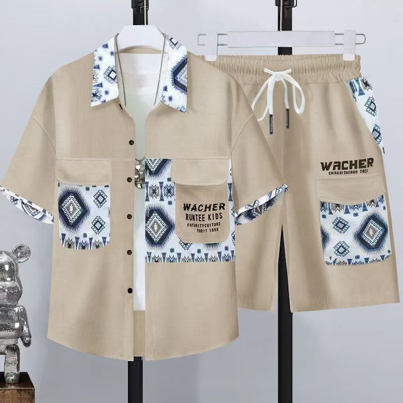 Summer men's short sleeved shirts trendy casual men's clothing sets high-end men's birthday style handsome lining sports suit