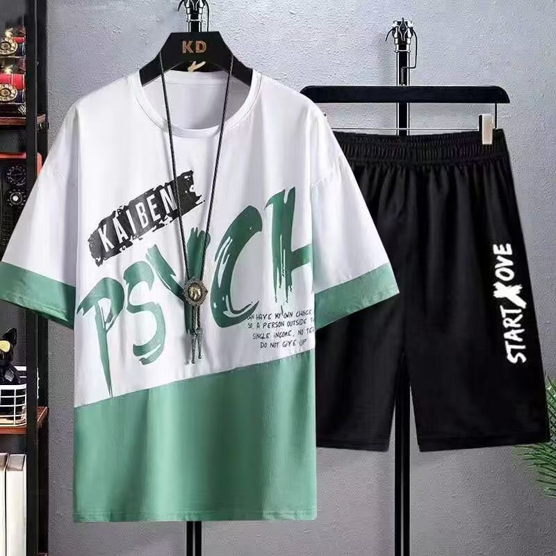 Summer Mens Patchwork Tshirts + Shorts Suit Male Breathable 2PC Tracksuits Top Tess Shorts Sets Fitness Sportsuits Set Men