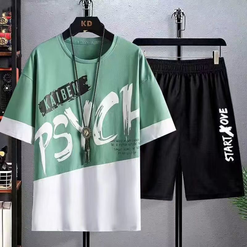 Summer Mens Patchwork Tshirts + Shorts Suit Male Breathable 2PC Tracksuits Top Tess Shorts Sets Fitness Sportsuits Set Men