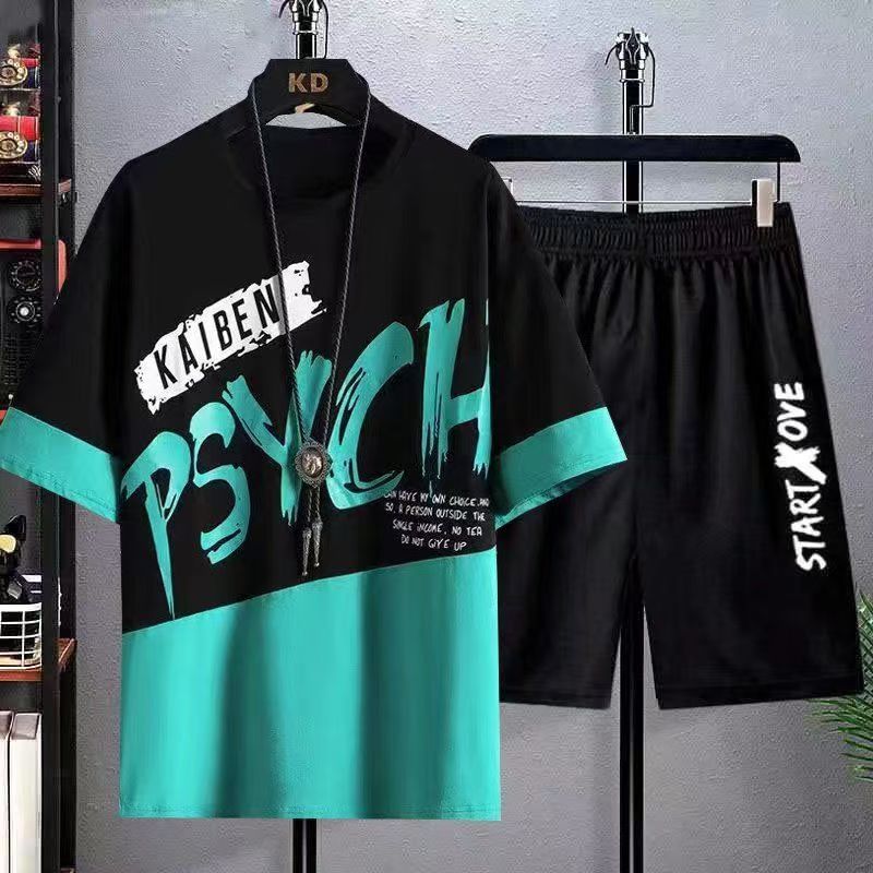 Summer Mens Patchwork Tshirts + Shorts Suit Male Breathable 2PC Tracksuits Top Tess Shorts Sets Fitness Sportsuits Set Men
