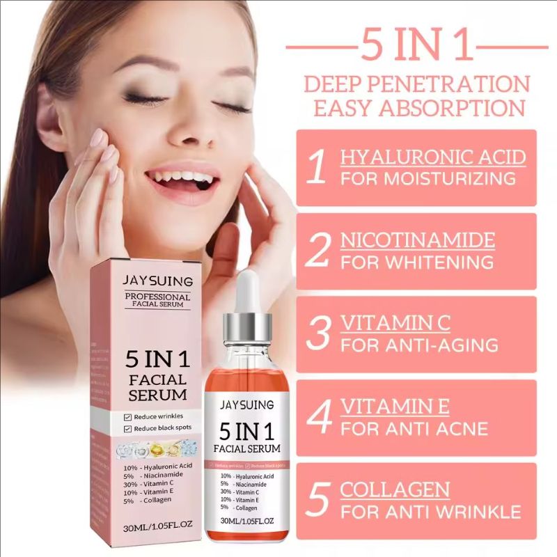 Jaysuing Hyaluronic Acid Face Serum 5 In 1 Moisturizing Whiten-ing Anti Wrink-le Agin-g Vitamin C Shrink Pores Serum Skin Care
