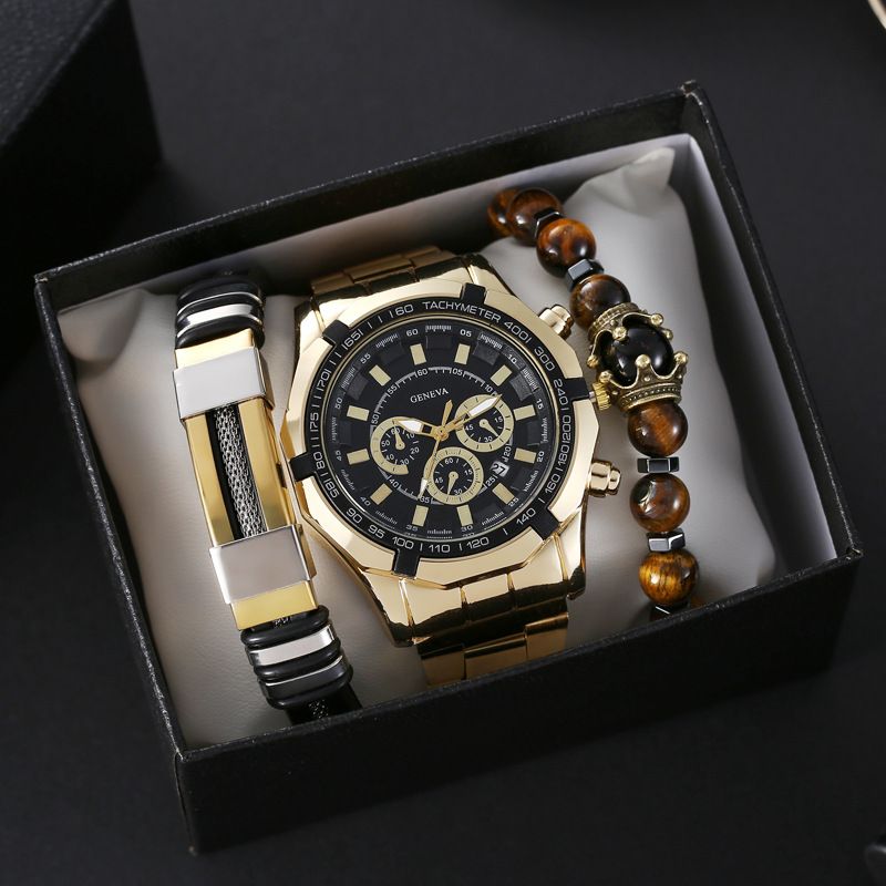Men's Watch Bracelet 3pcs Set Steel Belt Three Eye Luminous Bracelet Set Calendar Sports Quartz Watch Boy's Watch