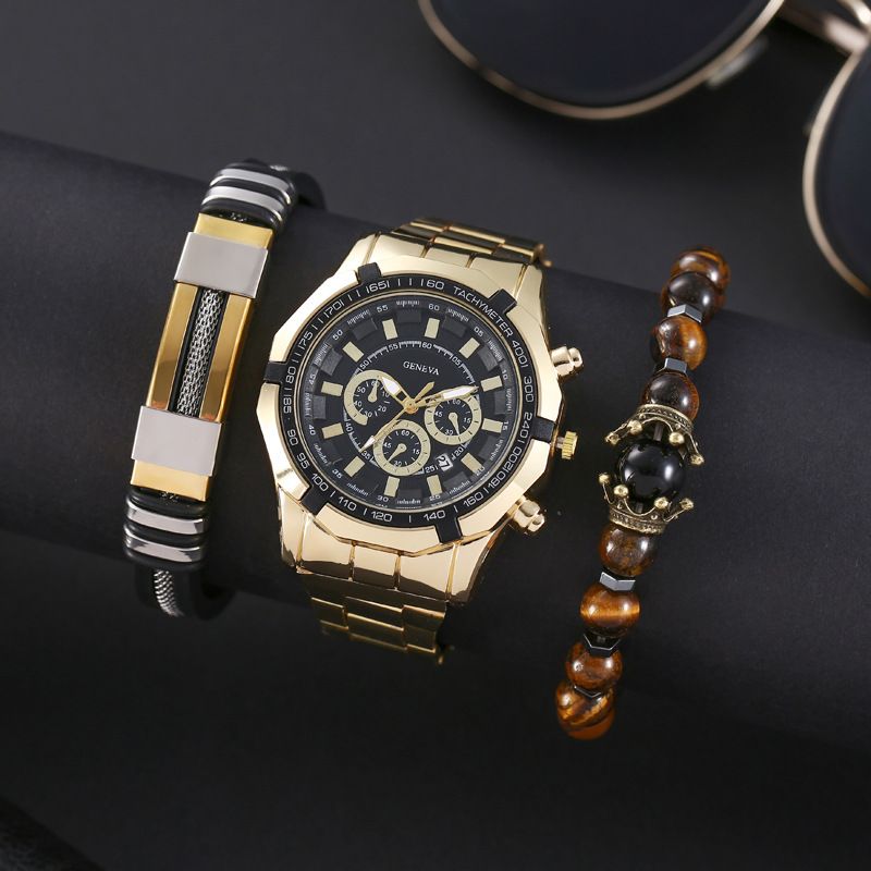 Men's Watch Bracelet 3pcs Set Steel Belt Three Eye Luminous Bracelet Set Calendar Sports Quartz Watch Boy's Watch