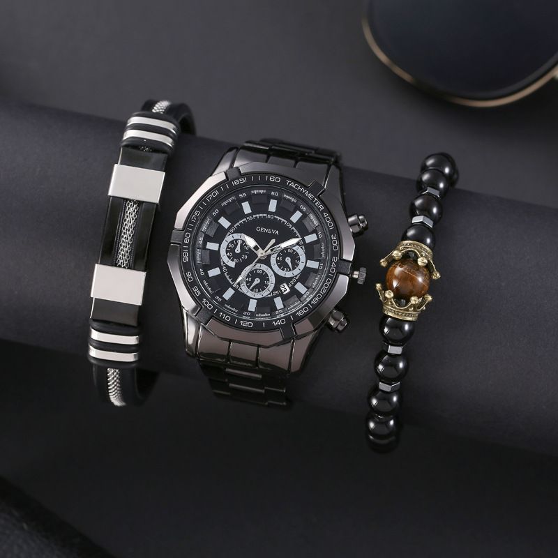 Men's Watch Bracelet 3pcs Set Steel Belt Three Eye Luminous Bracelet Set Calendar Sports Quartz Watch Boy's Watch