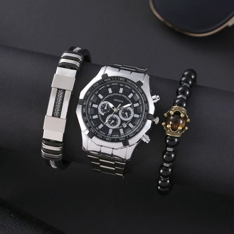 Men's Watch Bracelet 3pcs Set Steel Belt Three Eye Luminous Bracelet Set Calendar Sports Quartz Watch Boy's Watch
