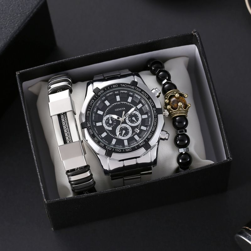 Men's Watch Bracelet 3pcs Set Steel Belt Three Eye Luminous Bracelet Set Calendar Sports Quartz Watch Boy's Watch