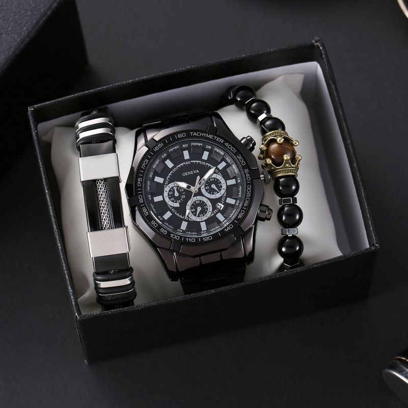 Men's Watch Bracelet 3pcs Set Steel Belt Three Eye Luminous Bracelet Set Calendar Sports Quartz Watch Boy's Watch