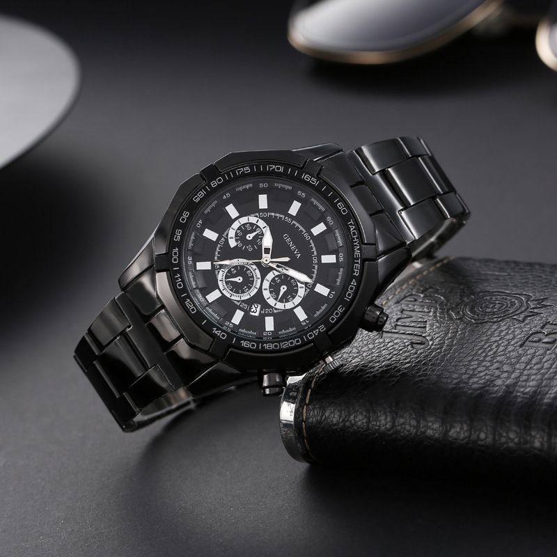 Men's Watch Bracelet 3pcs Set Steel Belt Three Eye Luminous Bracelet Set Calendar Sports Quartz Watch Boy's Watch