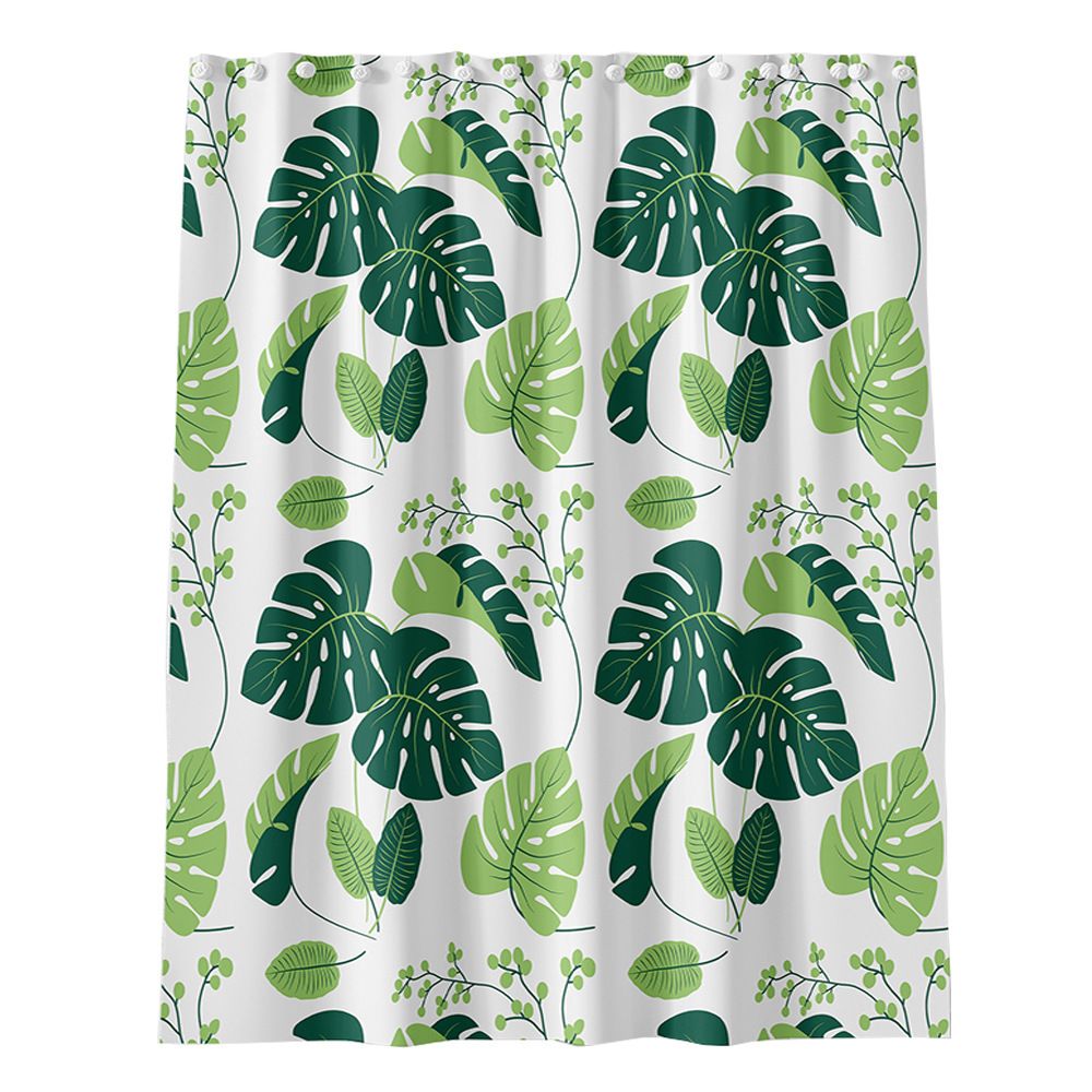 Watercolor Floral Shower Curtain, Botanical Green Leaves Shower Curtain for Bathroom, Modern Minimalist Waterproof Fabric Shower Curtain Set with Hooks