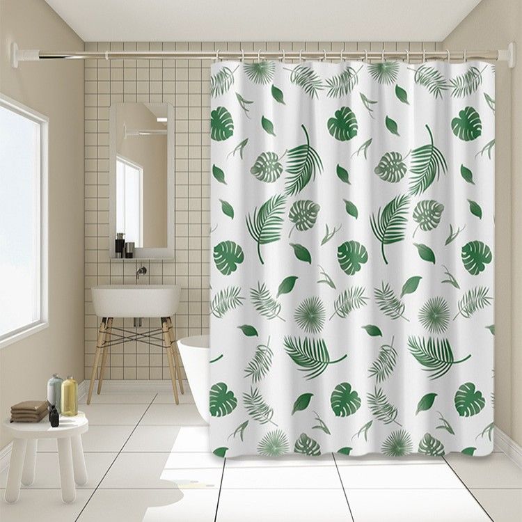 Watercolor Floral Shower Curtain, Botanical Green Leaves Shower Curtain for Bathroom, Modern Minimalist Waterproof Fabric Shower Curtain Set with Hooks