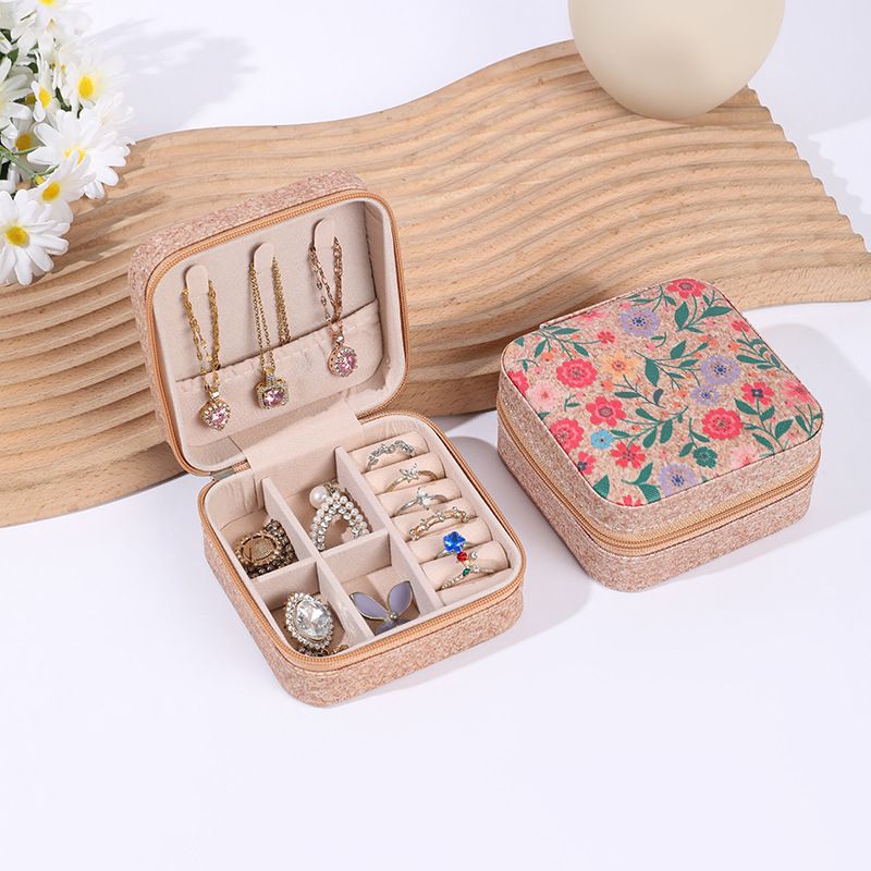 Portable Jewelry Storage Box Fashion Print Pattern Floral Ring Earring Box, Flower Fish Botanic Compact and Exquisite Travel Style Jewelry Box