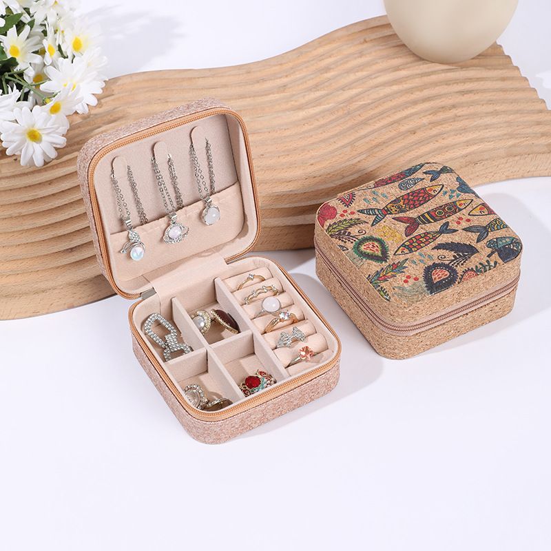 Portable Jewelry Storage Box Fashion Print Pattern Floral Ring Earring Box, Flower Fish Botanic Compact and Exquisite Travel Style Jewelry Box