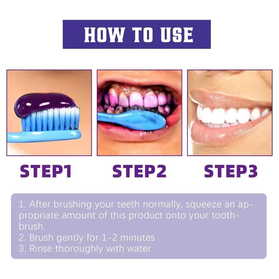 Purple Whitening Toothpaste Removal Plaque Stain Tartar Reduce Cavity Caries Yellowing Teeth Fresh Breath Oral Enamel Clean Care