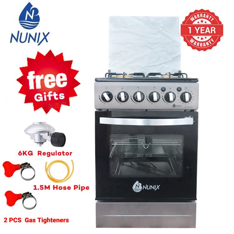 Nunix KZ-560-GO Free Standing 4 Gas Burners Oven Cooker Gas Cooker 1.5 M Hose Pipe +6KG Regulator+2 pcs Gas Tighteners