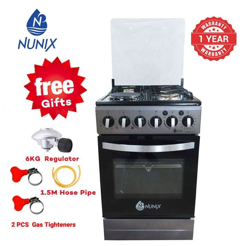 Nunix  KZ-560-3G1E   Free Standing 3 Gas  Cooker+1 Hotplate With  Electric Oven Cooker 1.5 M Hose Pipe +6KG Regulator+2 pcs Gas Tightener