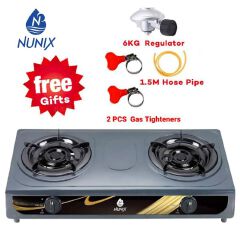 Nunix Table Top Gas Cooker SC002 Stainless Steel +Free hose pipe +6kg Gas regulator+2 pcs Gas tighteners 2 burner Cooktops as picture