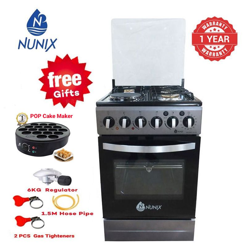 Nunix  KZ-560-3G1E  Free Standing 3 Gas  Cooker+1 Hotplate With  Electric Oven Cooker 1.5 M Hose Pipe +6KG Regulator+2 pcs Gas Tightener gas cooker