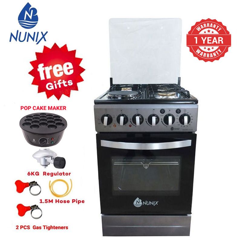 Nunix  KZ-560-3G1E  Free Standing 3 Gas  Cooker+1 Hotplate With  Electric Oven Cooker 1.5 M Hose Pipe +6KG Regulator+2 pcs Gas Tightener gas cooker