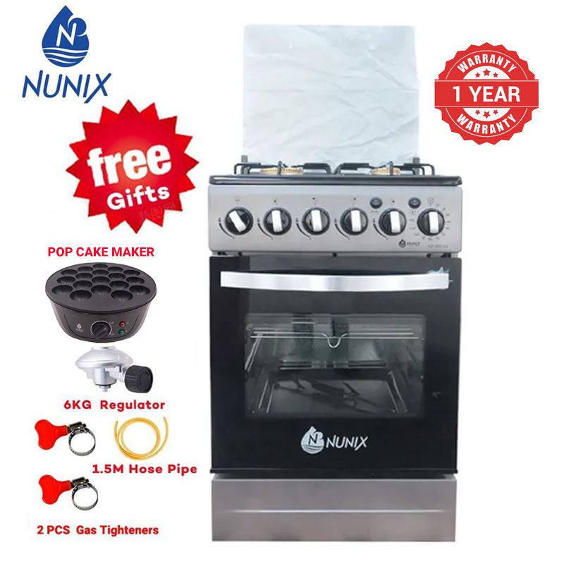 Nunix KZ-560-GO Free Standing 4 Gas Burners Oven Cooker Gas Cooker 1.5 M Hose Pipe +6KG Regulator+2 pcs Gas Tighteners