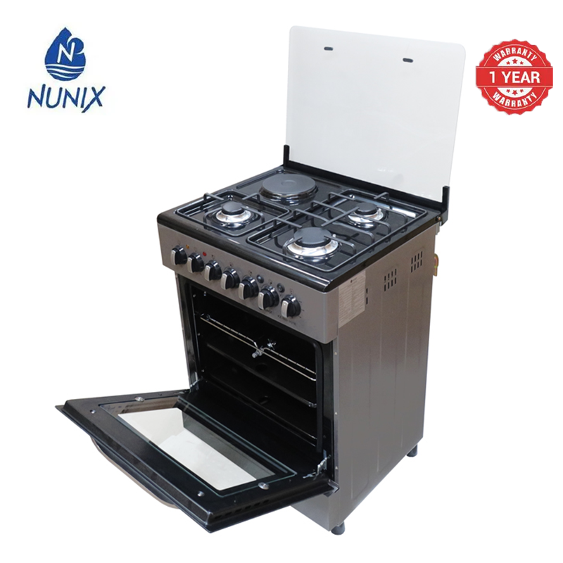 Nunix KZ-660-3G1E Free Standing 3 Gas Cooker+1 Hotplate With Electric Oven Cooker 1.5 M Hose Pipe +6KG Regulator+2 pcs Gas Tighteners