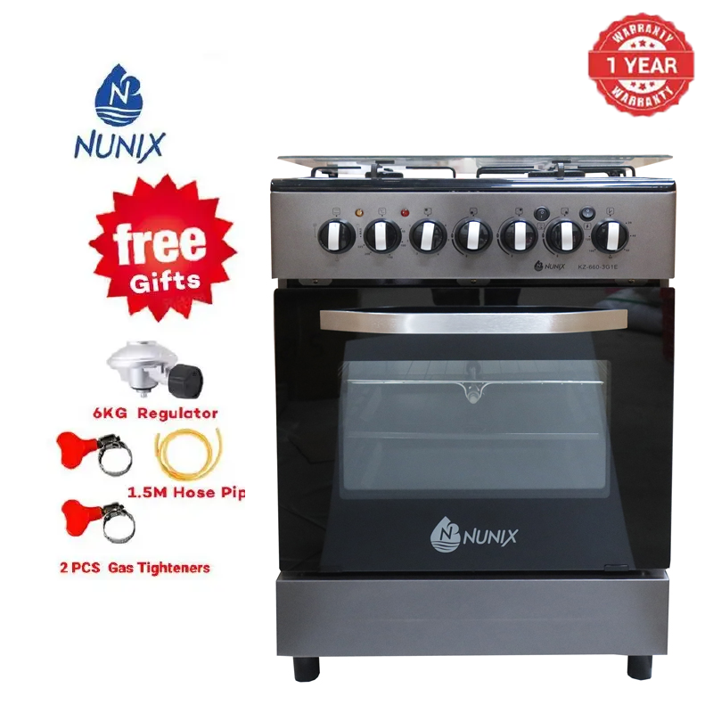 Nunix KZ-660-3G1E Free Standing 3 Gas Cooker+1 Hotplate With Electric Oven Cooker 1.5 M Hose Pipe +6KG Regulator+2 pcs Gas Tighteners