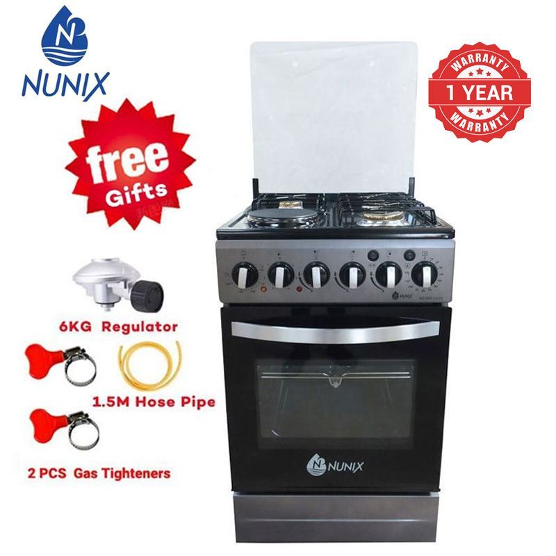 Nunix  KZ-560-3G1E  Free Standing 3 Gas  Cooker+1 Hotplate With  Electric Oven Cooker 1.5 M Hose Pipe +6KG Regulator+2 pcs Gas Tightener gas cooker