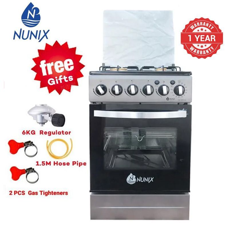 Nunix KZ-560-GO Free Standing 4 Gas Burners Oven Cooker Gas Cooker 1.5 M Hose Pipe +6KG Regulator+2 pcs Gas Tighteners