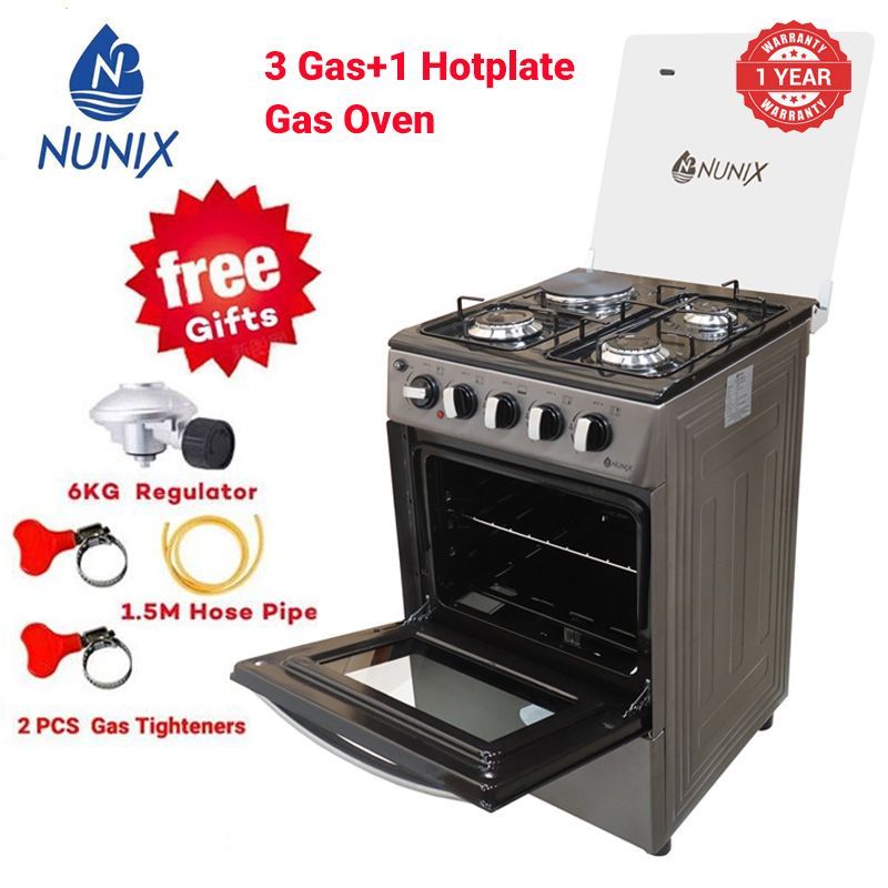 Nunix 3 Gas+1 Hotplate  Gas Oven WLD-560-3G1E +1.5 M Hose Pipe +6KG Regulator+2 pcs Gas Tighteners