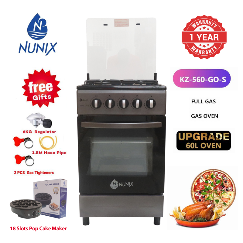 Nunix KZ-560-GO-S Free Standing 4 Gas Burners Oven Cooker Gas Cooker 1.5 M Hose Pipe +6KG Regulator+2 pcs Gas Tighteners