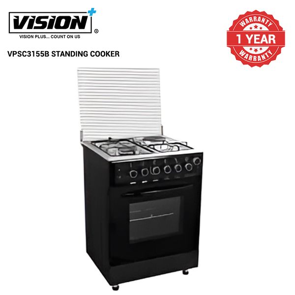 Vision Plus VPSC3155B 3 GAS +1 ELECTRIC STANDING COOKER, 55X60, PULSE IGNITION, SHINY ENAMEL HOB, TOP AND BOTTOM HEATING, GLASS TOP & OVEN DOOR ROTISSERIE AND LIGHT, 64L OVEN,BLACK FAST HEATING PLATE.