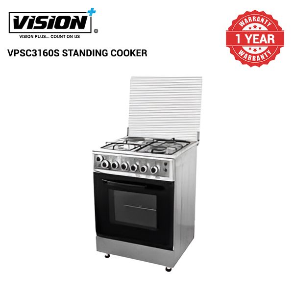Vision Plus VPSC3160S 3 GAS +1 ELECTRIC Standing Cooker, 60X60, Flame Fail Device, Pulse Ignition, Shiny Enamel Hob, Top and Bottom Heating, Glass Top and Oven Door, Rotisserie and Light, 64L Oven,BLA
