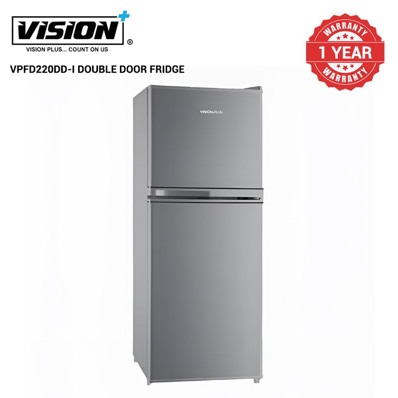 VISION PLUS 220L  Double Door Fridge VPFD220DD-I Direct Cool Silver Quick Freeze Large Freezer Capacity Glass Shelves Lockable 2 Years Warranty