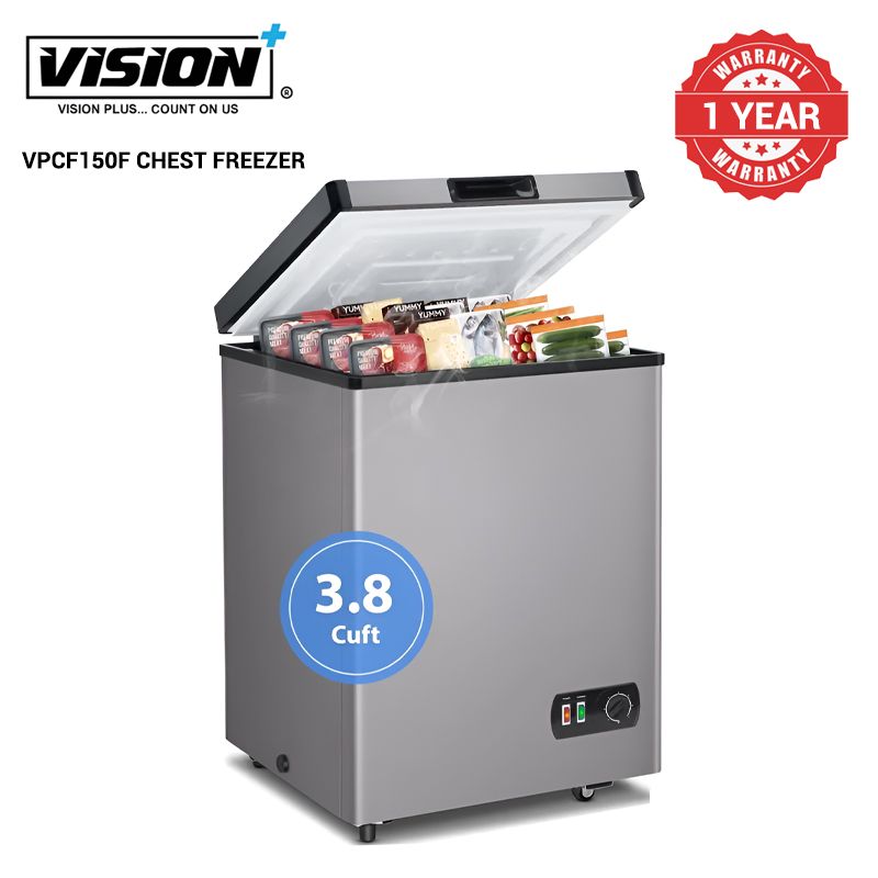 Vision Plus VPCF150F 150L Chest Freezer Super Freeze Feature Silver Lockable Glass Sliding Doors Lamp Cool Pack  and  Bucket Included  CASTORS, 2 YEARS WARRANTY AND 3YEARS COMPRESSOR WARRANTY