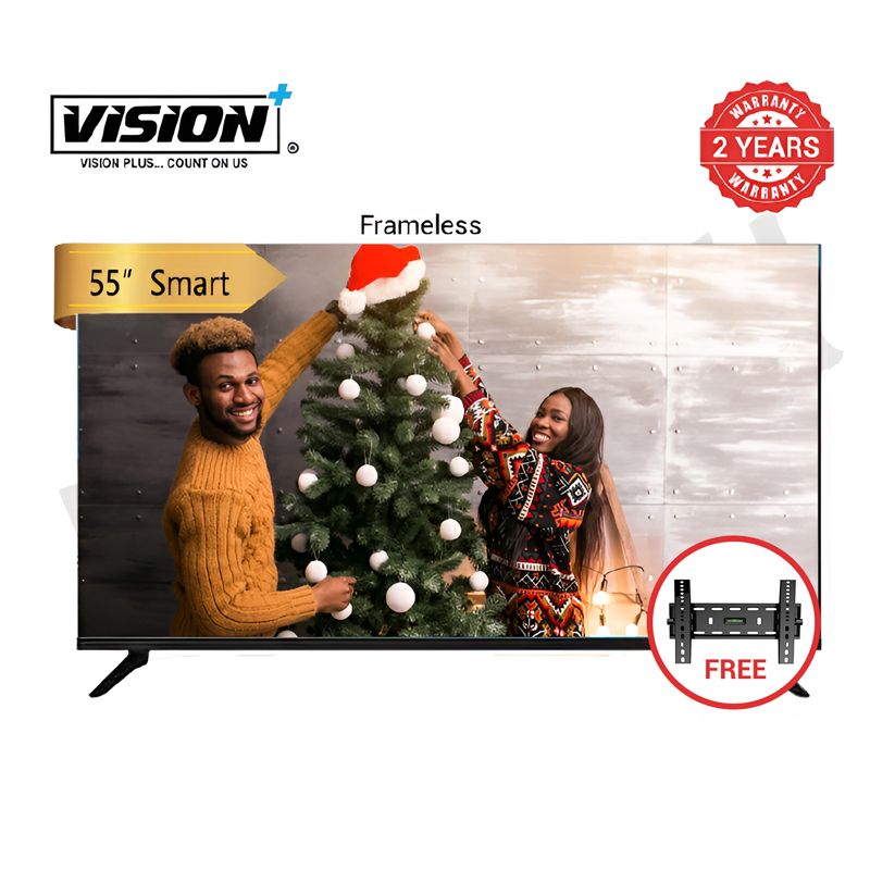 Vision Plus 55 inch Smart TV Frameless 4K UHD Frameless VP8855KV V+ OS  Television 55", Free Wall Bracket NETFLIX OFFICIAL SMART CONTENT TV, DOLBY AUDIO, BLUETOOTH, VP8855KV 2YRS WARRANTY,