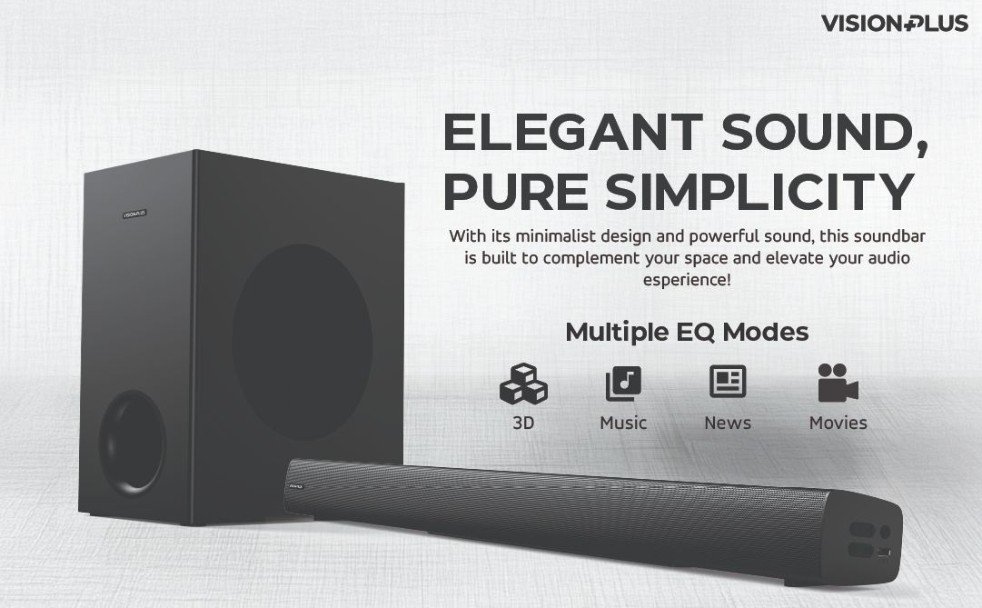 Vision Plus VP2113SB Soundbar Deep Bass 2.1 CH Sound Bar 360W Source input: BT/ USB/ OPTICAL/ HDMI/ AUX