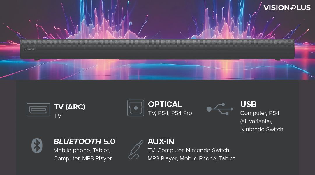 Vision Plus VP2113SB Soundbar Deep Bass 2.1 CH Sound Bar 360W Source input: BT/ USB/ OPTICAL/ HDMI/ AUX