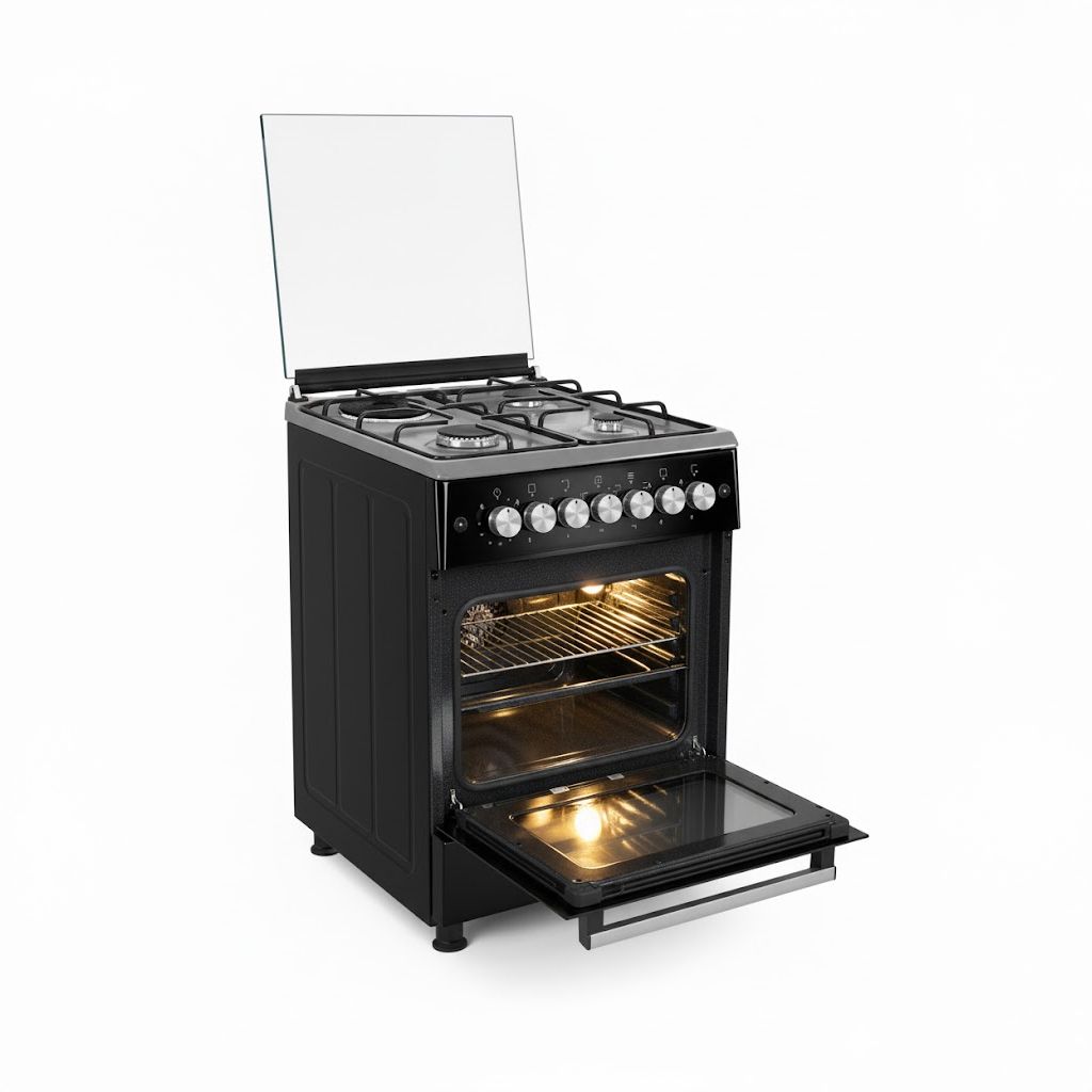Vision Plus VPSC3160B 3 GAS +1 ELECTRIC Standing Cooker, 60X60, Flame Fail Device, Pulse Ignition, Shiny Enamel Hob, Top and Bottom Heating, Glass Top and Oven Door, Rotisserie and Light, 64L Oven,BLA
