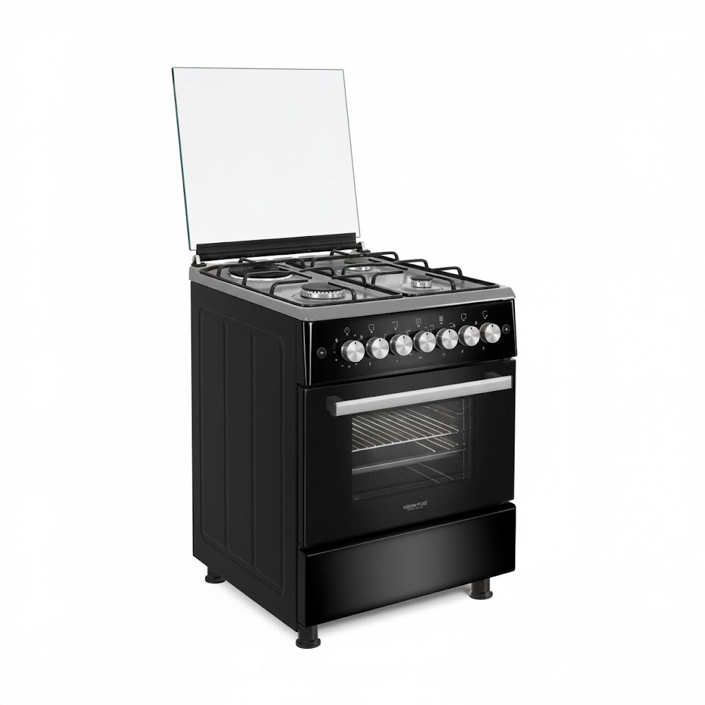 Vision Plus VPSC3160B 3 GAS +1 ELECTRIC Standing Cooker, 60X60, Flame Fail Device, Pulse Ignition, Shiny Enamel Hob, Top and Bottom Heating, Glass Top and Oven Door, Rotisserie and Light, 64L Oven,BLA