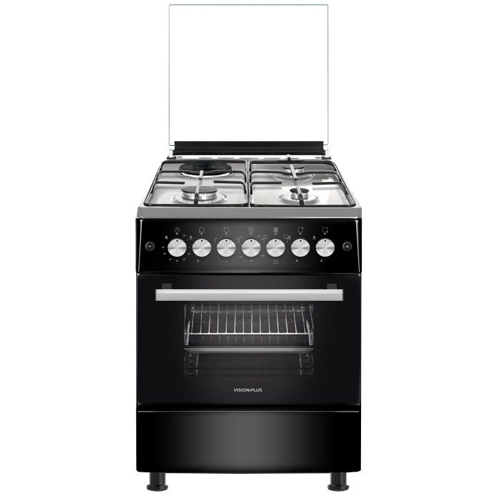 Vision Plus VPSC3160B 3 GAS +1 ELECTRIC Standing Cooker, 60X60, Flame Fail Device, Pulse Ignition, Shiny Enamel Hob, Top and Bottom Heating, Glass Top and Oven Door, Rotisserie and Light, 64L Oven,BLA