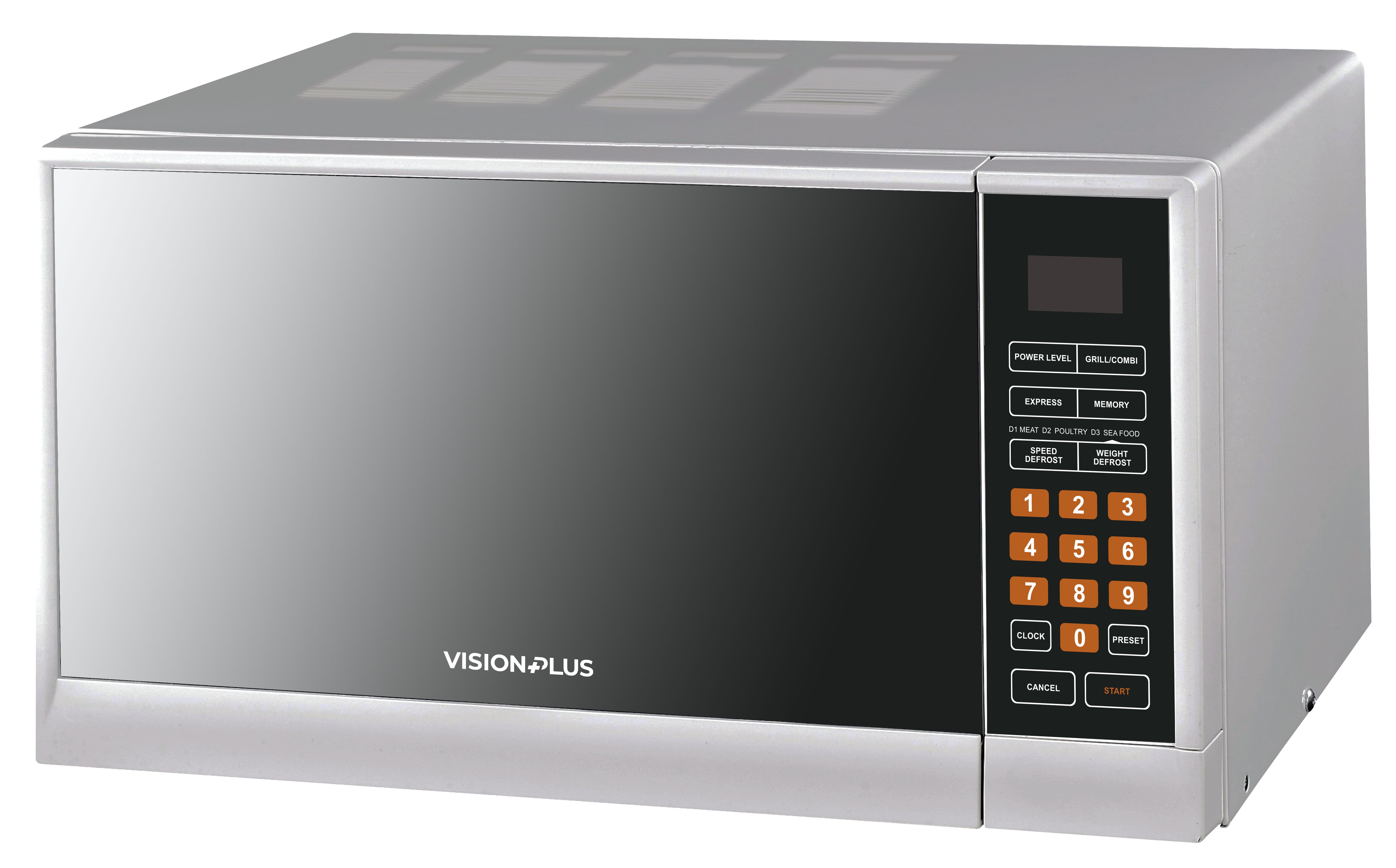 VISION PLUS 25L MICROWAVE OVEN & GRILL VPMW25GD-S LARGE 10.5 INCH PLATE, DIGITAL CLOCK, TIMER, DEFROST, END COOKING SIGNAL, CHILD SAFETY LOCK