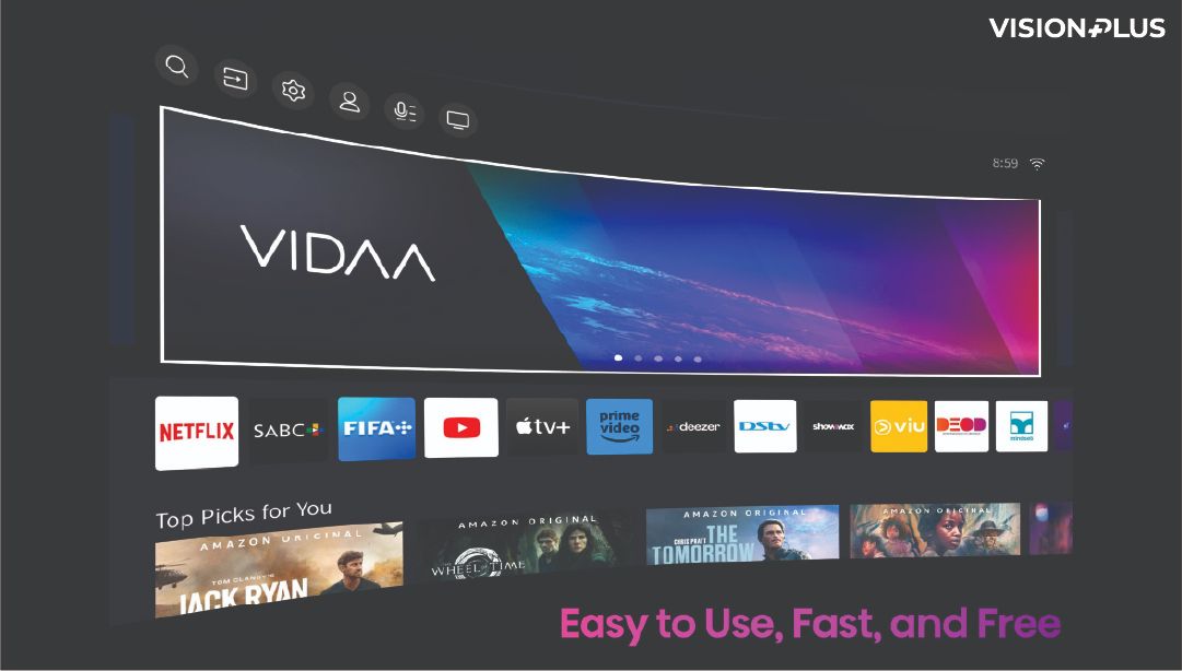 Vision Plus 55 inch QLED VP8855QV Smart TV Frameless 55" 4K, QLED FRAMELESS V+ OS,2YRS WARRANTY NETFLIX OFFICIAL SMART CONTENT TV, DOLBY AUDIO,, VP8855QV 2YRS WARRANTY,