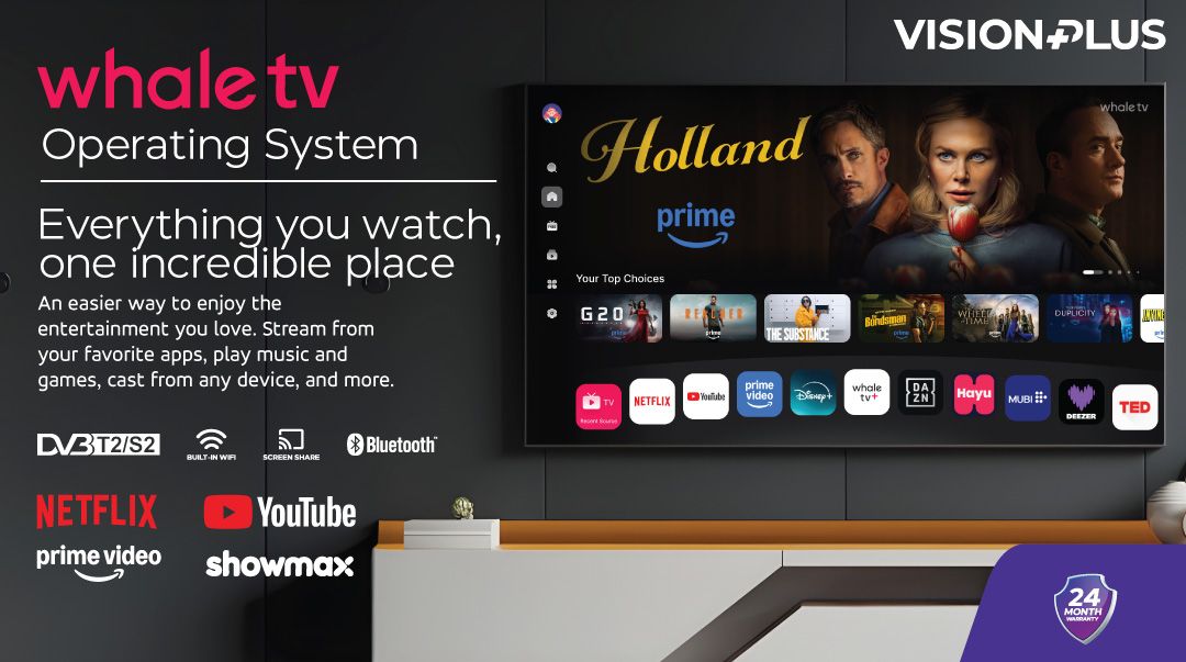 Vision Plus 43" Frameless Whale TV 43"VP8843SW  Frameless Televisions Screen size: 43" Operating system: Whale OS
Resolution: FHD Resolution 1080p Warranty: 2 Years Refresh Rate: 60Hz Connectivity: BT