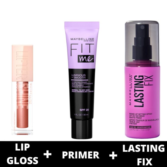 【Black Friday Deal】Maybelline Baddie Starter Kit(Maybelline Lasting Fix Setting Pray + Fit Me Primer Luminous & Smooth + Lifter Gloss Topaz) Baddie Starter