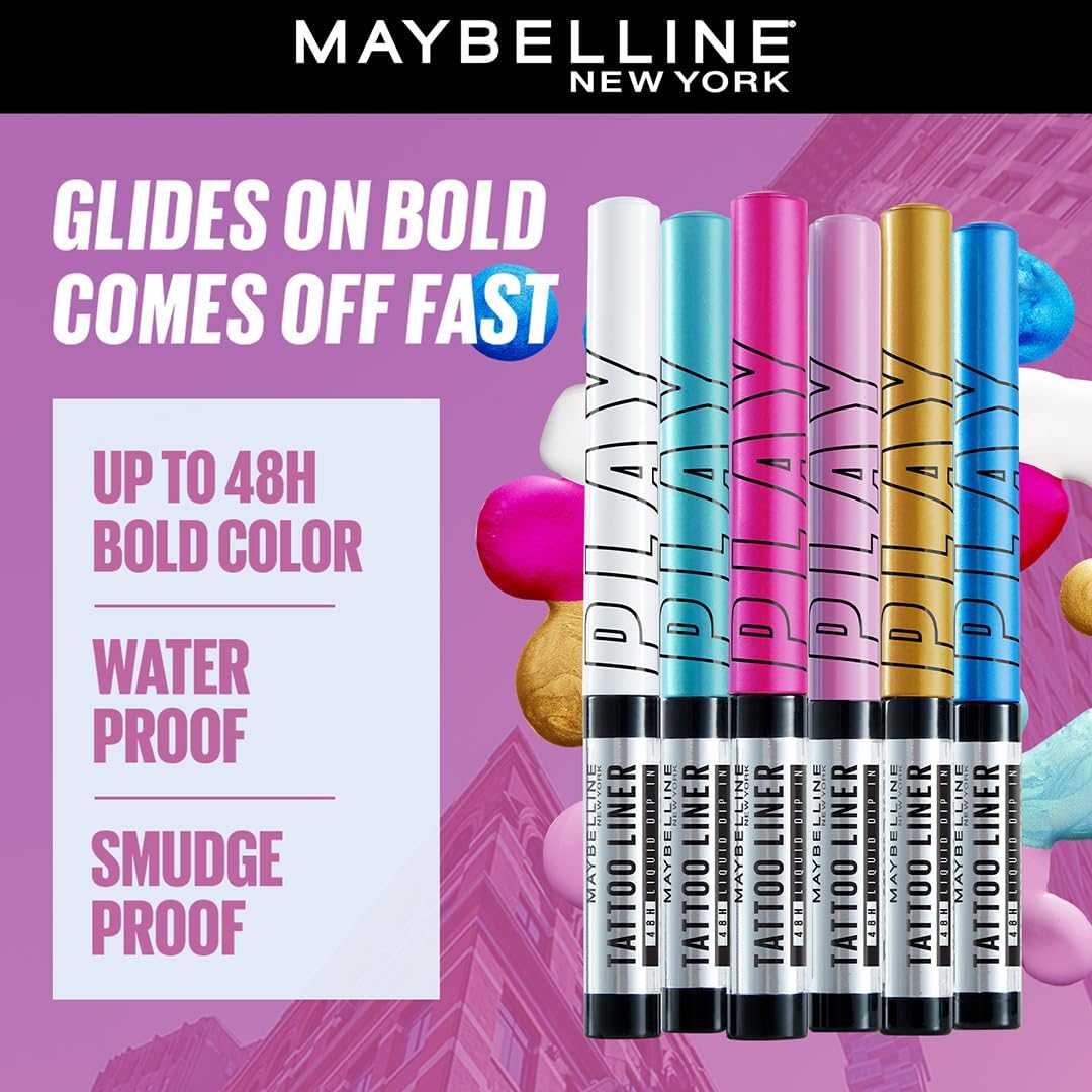 Maybelline New York Tattoo Play Assorted Liquid Eyeliner - Longwear Waterproof Eyeliner - Metallic Finish, Ride, 2.1ml