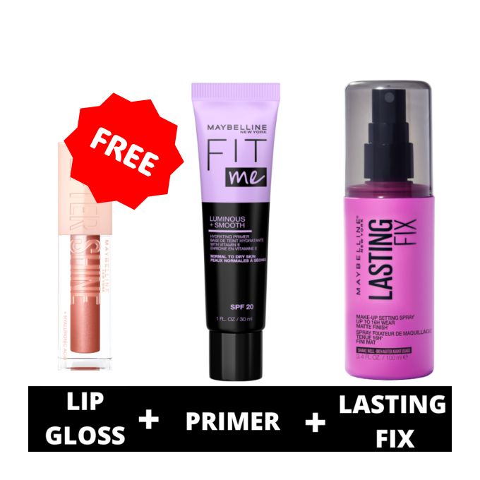 【Clearance deal】Maybelline Baddie Starter Kit(Maybelline Lasting Fix Setting Pray + Fit Me Primer Luminous & Smooth + Lifter Gloss Topaz) Baddie Starter