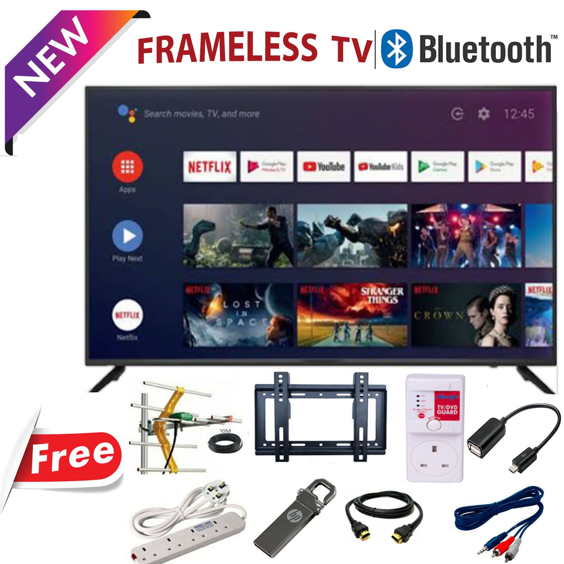 BLUETOOTH VITRON HTC4388FS 43" INCH FRAMELESS FHD SMART TV ANDROID TELEVISION NETFLIX YOUTUBE 43 INCH BUILT-IN WIFI APPSTORE 1GB RAM 8GBROM 2*USB PORTS,3*HDMI PORTS + 8 EXTRA GIFTS
