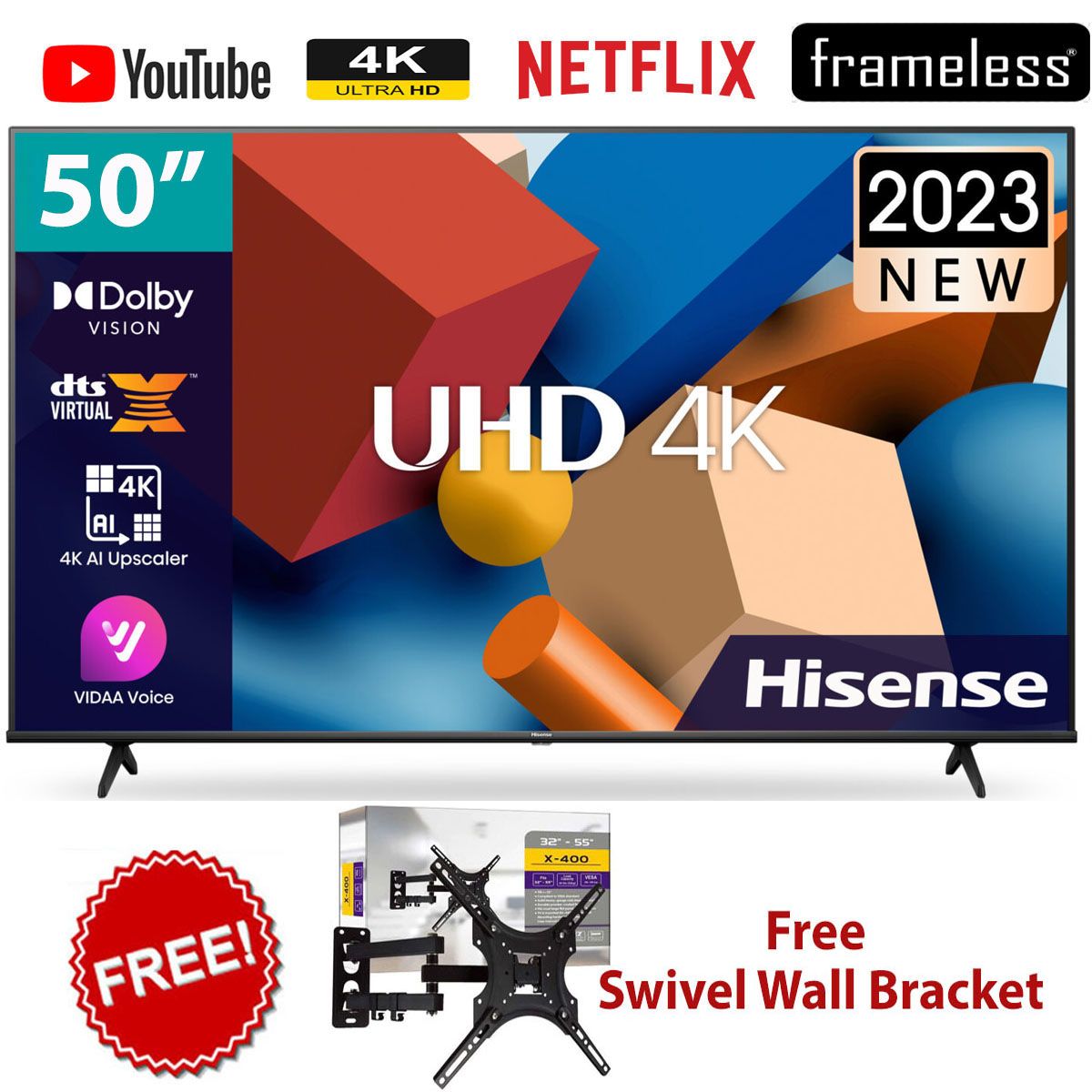 [OFFER OFFER!! ]Hisense 50" Inch (50A6K) VIDAA OS LED Frameless Smart TV,BLUETOOTH-ENABLED+360 WALL BRACKET+2 YEARS WARRANTY